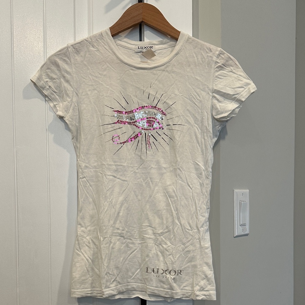 Luxor White Tee with Pink Sequin Eye Design